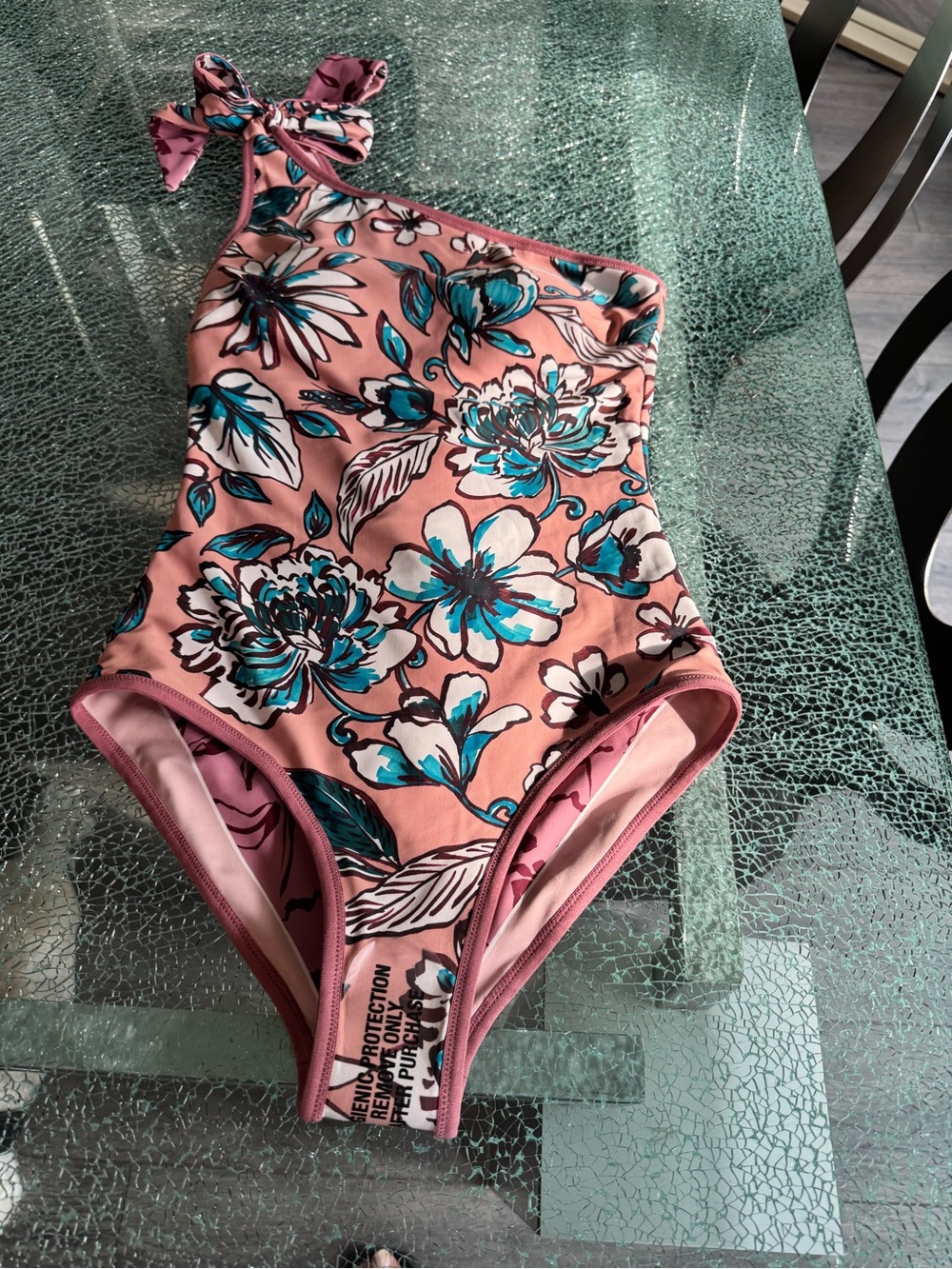 Visual Mood Girls Pink Floral One-Piece Swimsuit with Teal Accents S